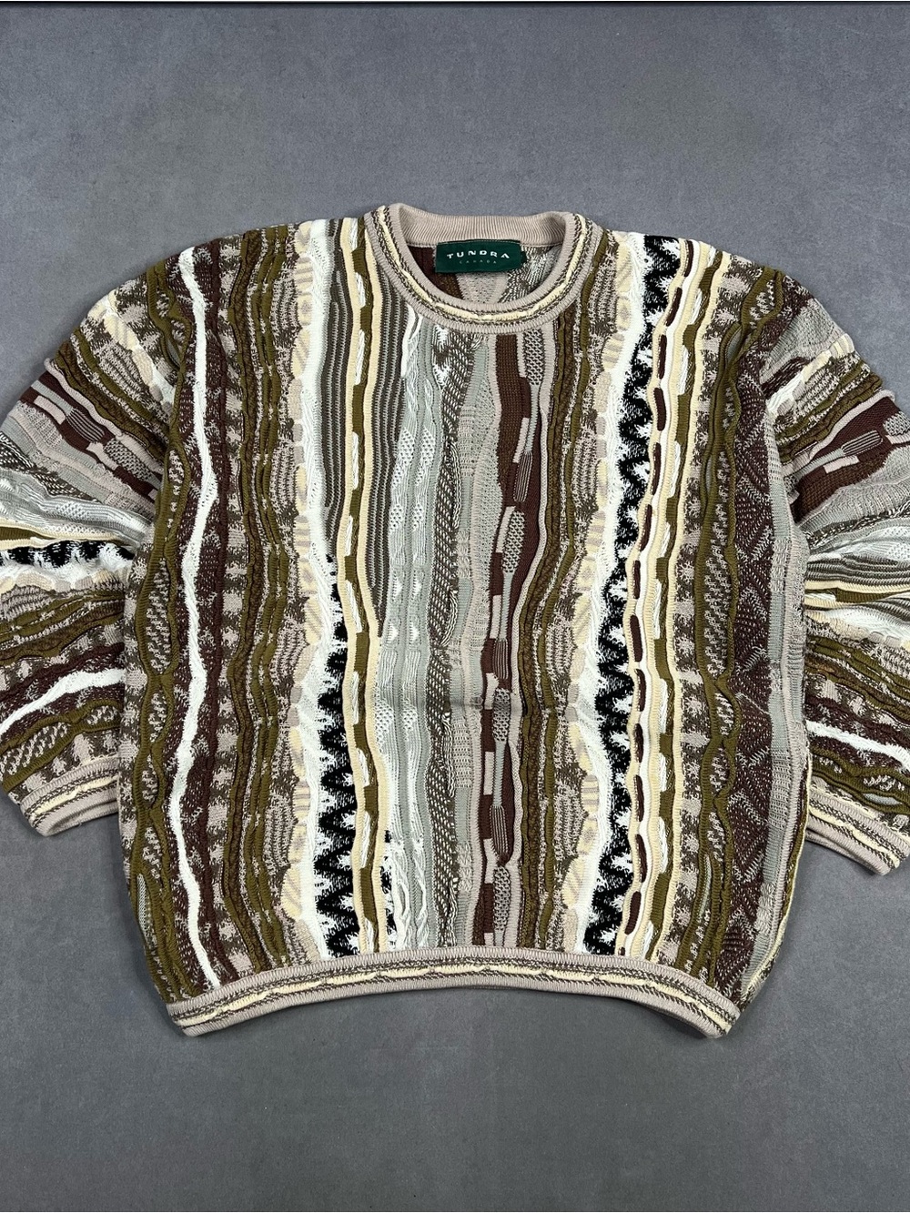 Tundra Textured Knit Crewneck Sweater in Brown & Cream Vintage Coogi Style